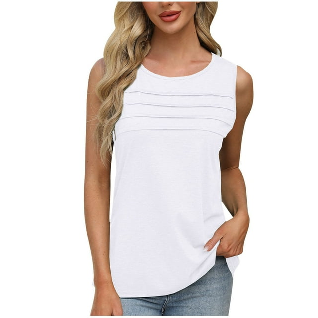 VSSSJ Women's Summer Sleeveless Tops Round Neck Ruched Tank Tops Loose Fit Solid Color Simple Basic Beach Vacation Tee Tops White XL