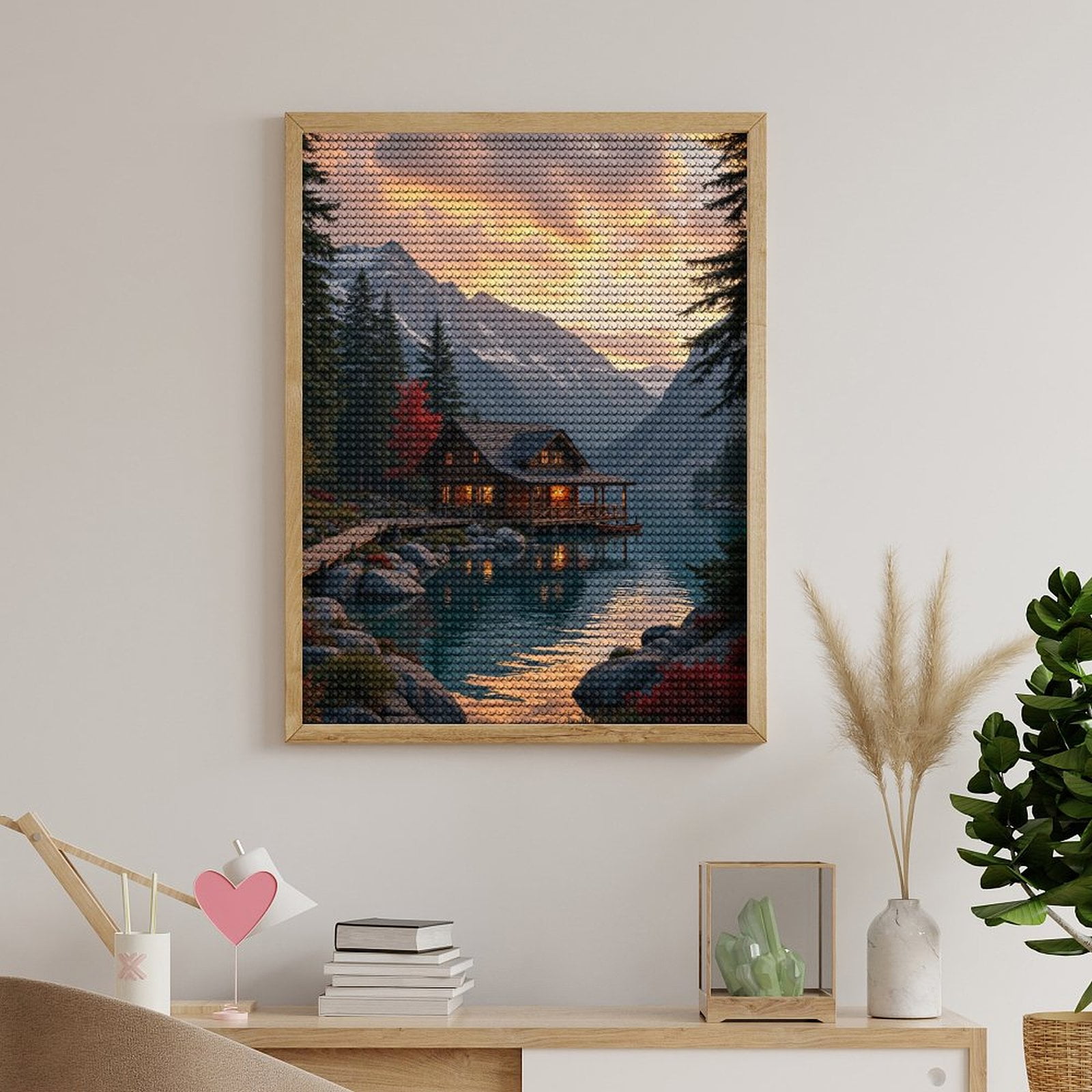 Diamond Art Kits for Adults, Cabin Lake Sunset Mountain Serenity 5D Diamond Painting Kits for Adults Beginners, DIY Full Drill Diamond Painting, Gem Art and Crafts 12x16