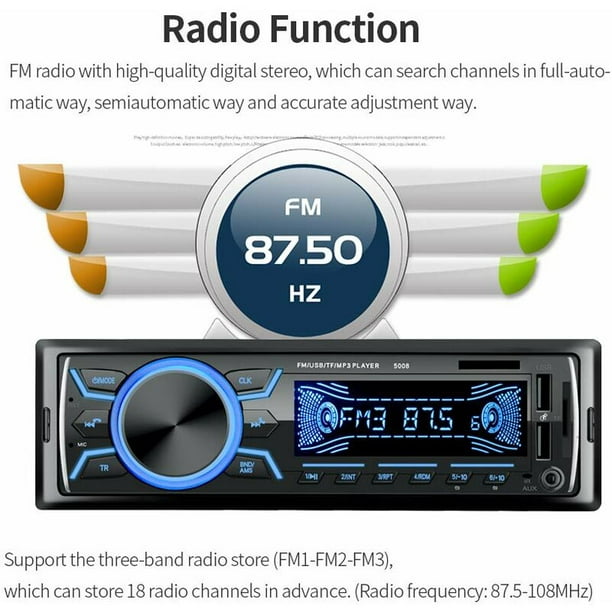 Autoradio Bluetooth Mains Libres, Microphone intégré stéréo Universel 1  DIN, Prise en Charge du Lecteur multimédia MP3 de Voiture USB/TF/SD/AUX  avec 5