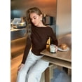 thumbnail image 4 of Womens Long Sleeve Pleated Tops Fall Crew Neck Fitted Shirts Y2k Going Out Casual Ruched Blouse Brown S, 4 of 10