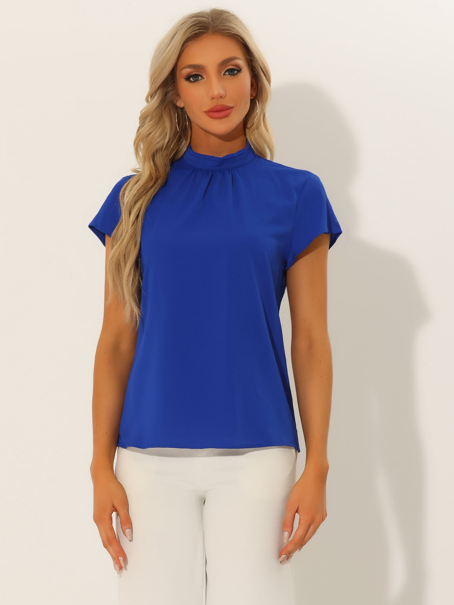 DARING DIVA Stand Collar Cap Sleeve Keyhole Back Blouse XL Royal Blue