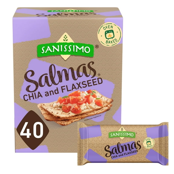 Sanissimo Salmas Chia & MFF30 Flaxseed, 40 Packs of 3 Crackers, Oven Baked Corn Crackers, Gluten Free, Non-GMO, Kosher Certified