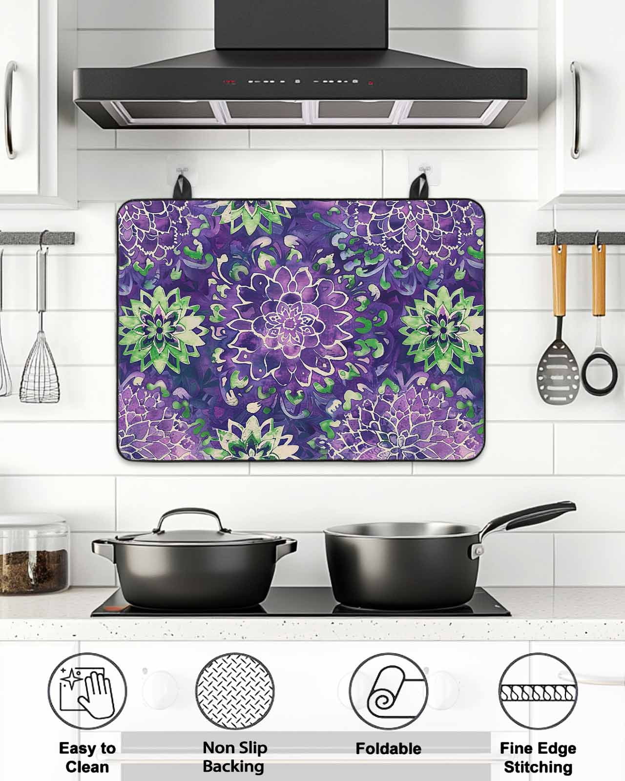 Stove Top Covers for Electric Stove, Purple Green Flowers Glass Stovetop Cover Protector, Watercolor Vintage Botanical Induction Cooktop Protector Oven Mat for Kitchen Countertop 24"x21"