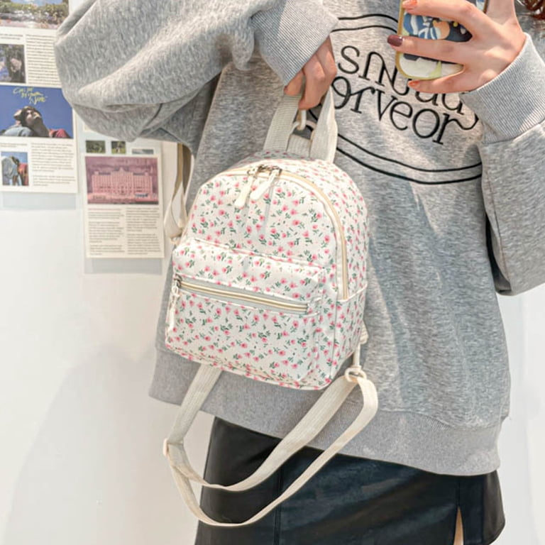 a mini backpack with flowers wight DUNBRI Floral White For Daily Use, Cute Women's Backpack Book Bag Nylon Rucksack, Lightweight (Beige) glasses and watches White Rose Unisex Casual Shoulder