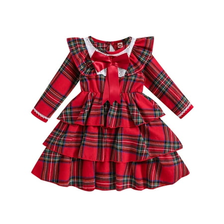 

Meihuid Christmas Plaid Print A-Line Cake Dress with Bowknot for Girls