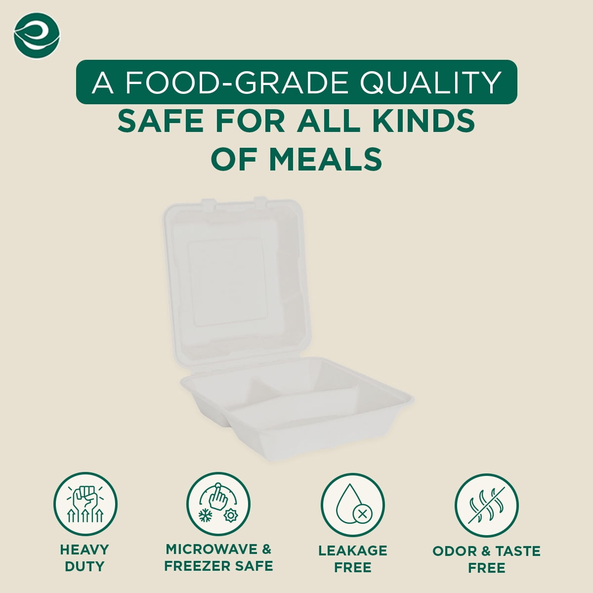 Eco-Friendly Compostable 9 x 9 Inch Bagasse Clamshell With 3 Compartments, 50 Count