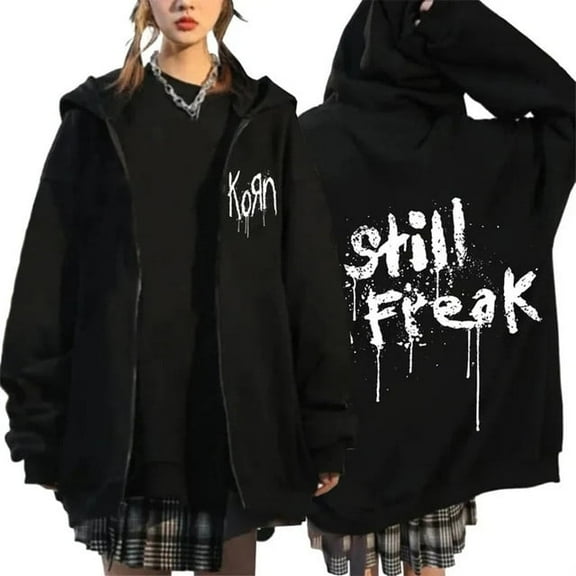 Korn World Tour Merch Unisex Oversized Cotton Fleece Zip-Up Hoodie - Retro Punk Graphic Print Kangaroo Pocket Long Sleeve Casual Streetwear