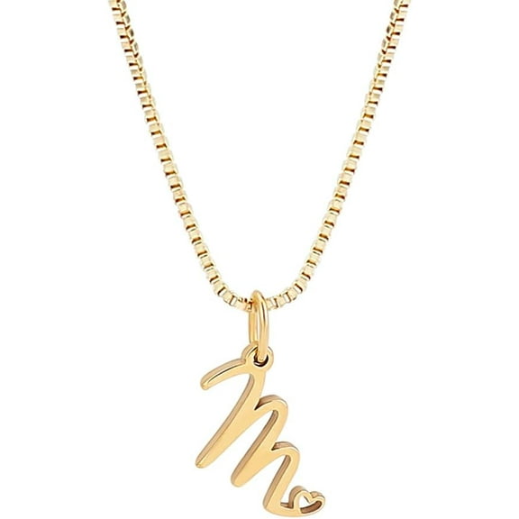 Dainty Golden Initial Necklace Handwriting Style Letter A-Z Necklace 18"with 2"extender Tiny Heart Initial Box Chain Necklace Cute Personalized Monogram Name Necklace for Women Trendy Golden