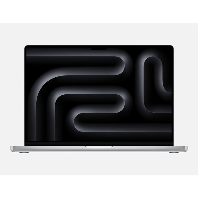 portátil apple macbook pro de 16 pulgadas - chip apple m4 pro diseñado para apple intelligence - memoria de 24 gb - ssd de 512 gb - plateado, vista frontal centrada de la laptop abierta con pantalla Liquid Retina XDR de 16" y fondo gráfico oscuro, carcasa plateada, teclado Magic retroiluminado, trackpad Force Touch y bisel superior con cámara Center Stage de 12MP; a menudo usada como estación móvil para edición y desarrollo de contenidos.