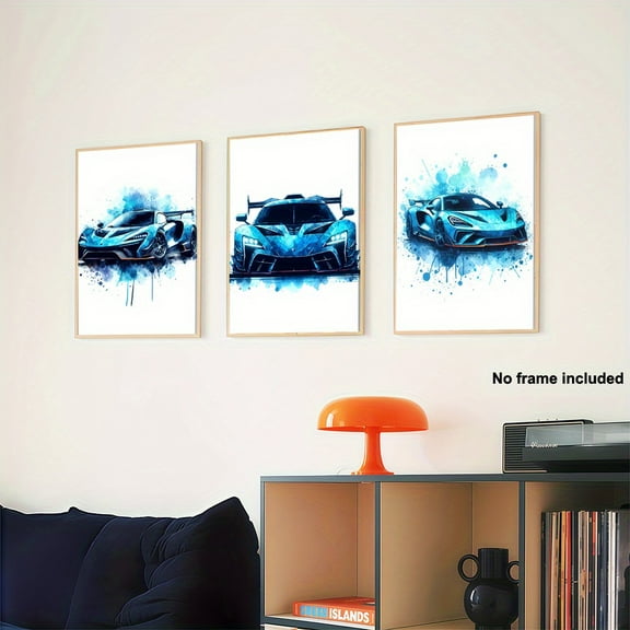 3pcs, 2D Frameless Canvas Art Set of 3, Abstract Blue Car Wall Decor - Racing Sports Car Watercolor Painting for Boys' Room, Bedroom Print Gift, Supercar Artwork, Living Room Decoration, 2D Flat, Pe