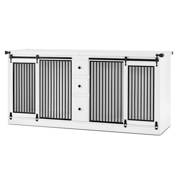 MCombo Wooden Dog Crate Furniture for 2 Dogs, 76 inches Length Indoor Dog Kennel with 3 Drawers, GC90