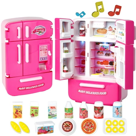 NETNEW Pretend Play Kitchen Fridge Toys for Girls 3-6 Years Refrigerator Kitchen Set with Accessories Interactive Features for Realistic Pretend Play Music and Light