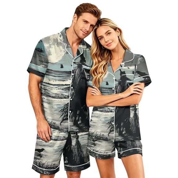Leidass Mens Pajama Set Short Sleeve Button Down Sleepwear Set with Shorts Relaxed Lounge Set S to XXXXL Black(man) L