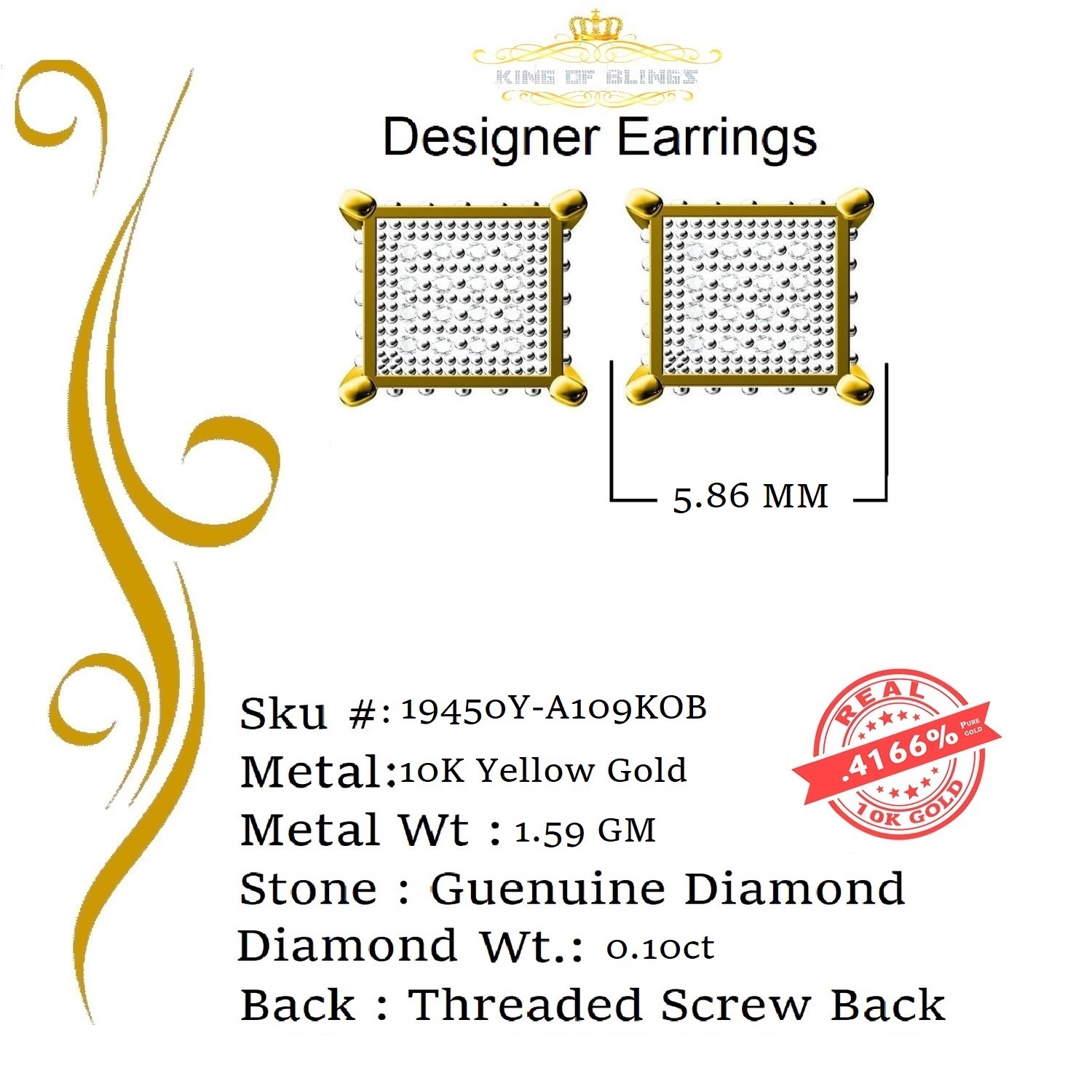 King of Bling's 10K Real Yellow Gold with 0.10CT Real Diamond Men's/Women's stud Square Earrings