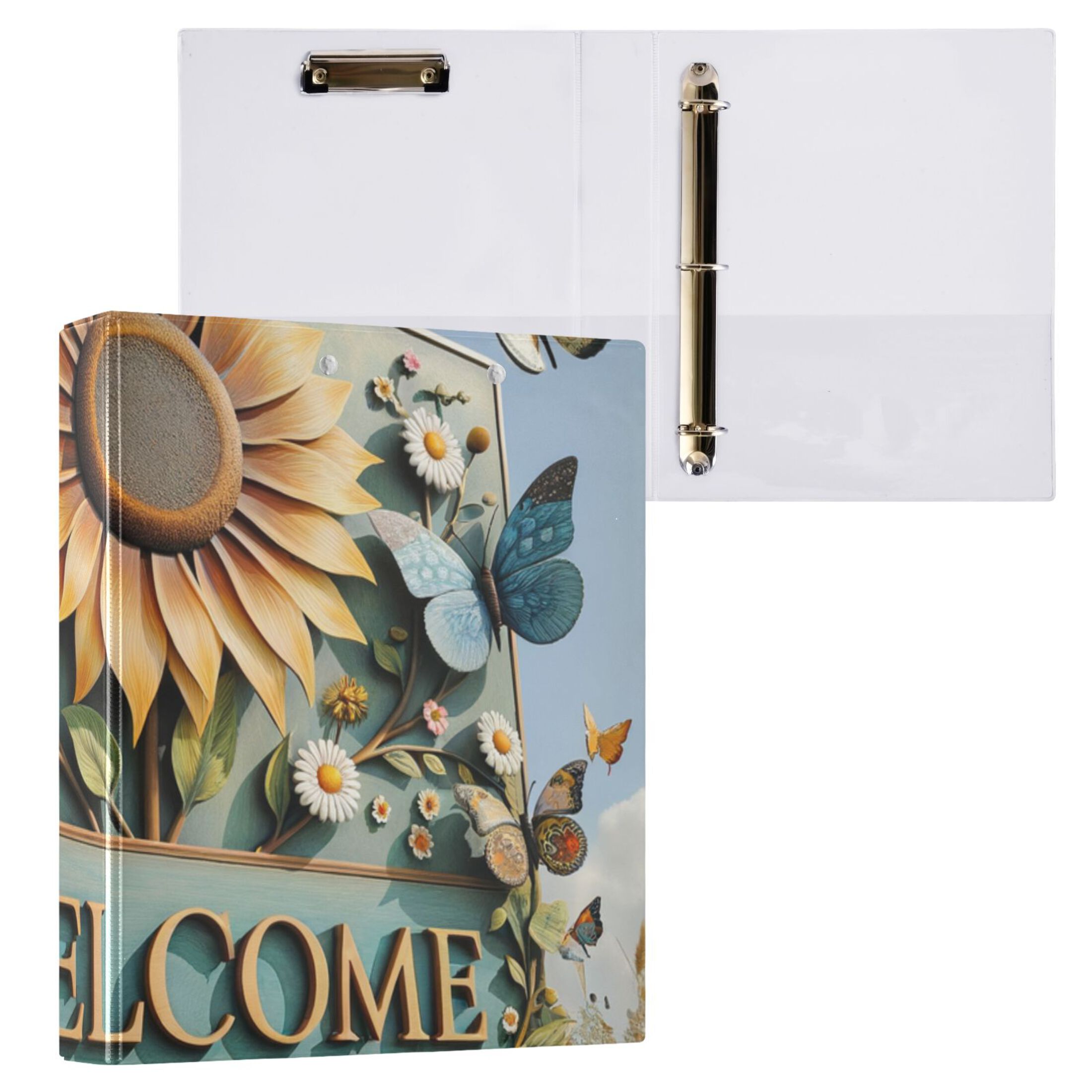 Welcome Butterfly Sunflower 3 Ring Binders 1.5 inch Hardcover File Folders with Interior Pockets A4 Size Organizer for School Office Hospital