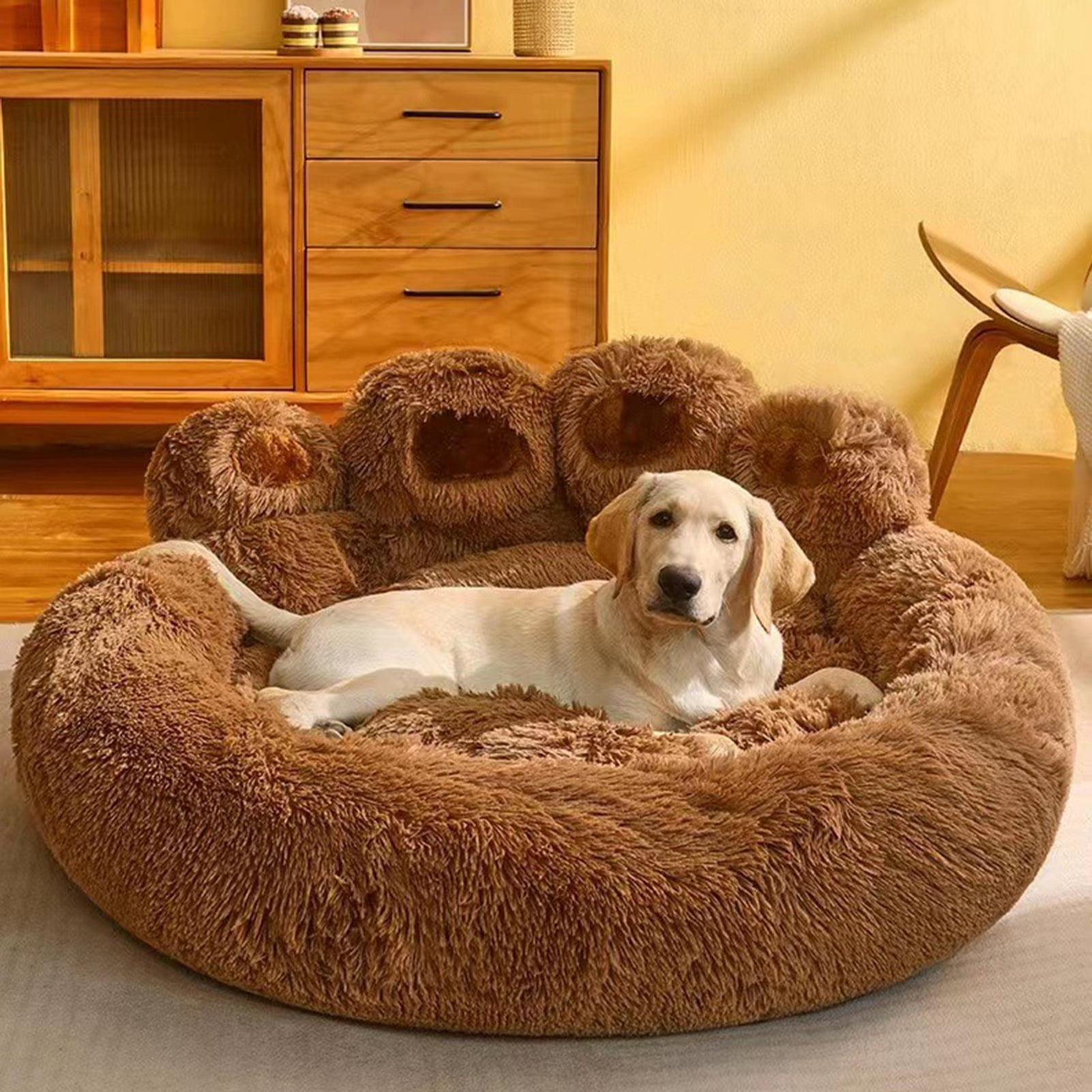 Frogued Pet Nest Paw-Shaped Pet Bed Warm Comfortable Anti-Slip Fluffy Plush Cat Dog Sleeping Nest Pet Supplies Brown,50cm