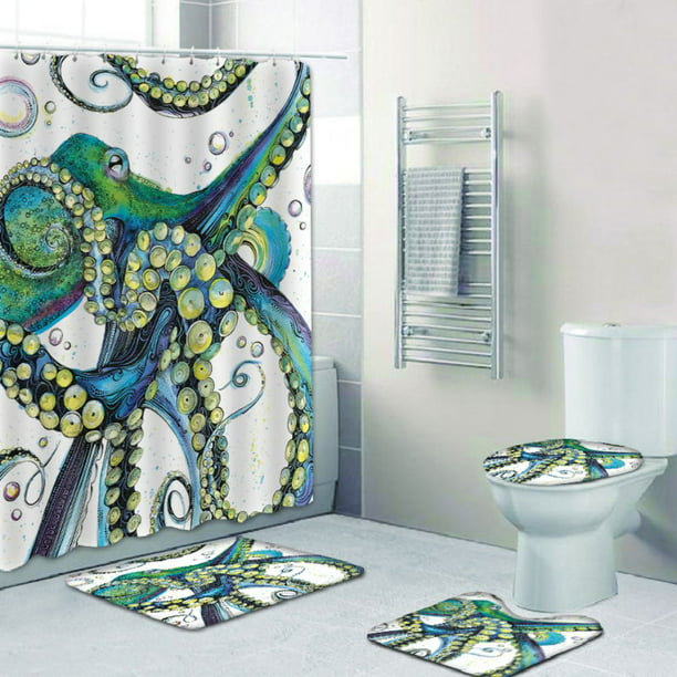 4pcs 3d Octopus Bathroom Shower Curtain, Octopus Shower Curtain