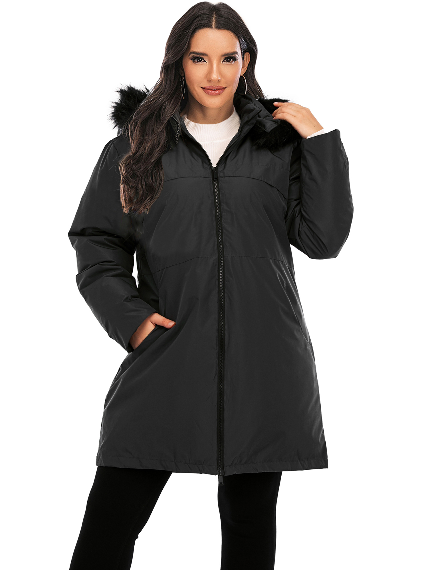 LELINTA Winter Plus Size Long Hoodie Coat Warm Jacket for Women, Zipper Parka Overcoats Raincoat Active Outdoor Trench Coat - image 1 of 7
