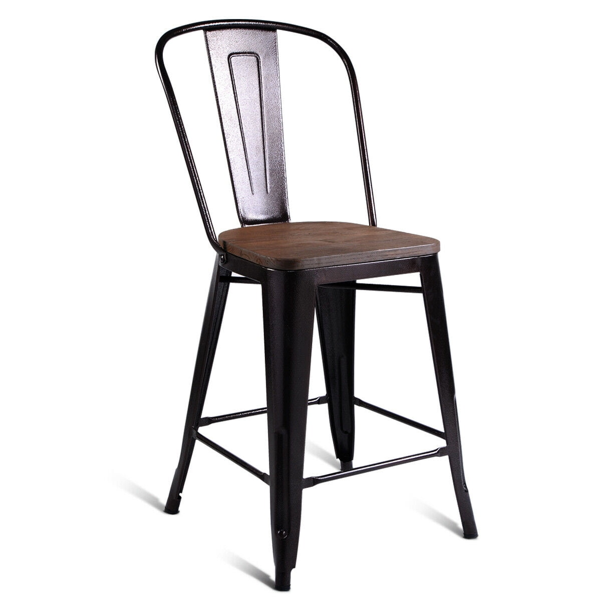 Costway Copper Set of 4 Metal Wood Counter Stool Kitchen Dining Bar Chairs Rustic Full Back
