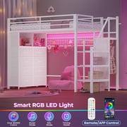 Twin Size Loft Bed with Stairs, 8 Storage Drawers, Power Outlet, LED Light, Metal Loft Bed with Wardrobe,Storage Stairs, Large Under-Bed Space, 13 Safety Guardrail,White