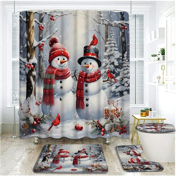 4 Piece Happy Christmas Snowman Shower Curtain Set with Rugs, Toilet Lid Cover ,Winter Grey Forest Red Bird Pine Tree Berry Snowflake Xmas Balls Romantic Country Bathroom Shower Curtain with Hooks