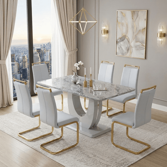 StnTalk Dining Table Set for 6, 63'' Grey Faux Marble Dining Room Table with 6 PU Leather Chairs, Modern Kitchen Table Set with Golden Metal Legs for Dining Room
