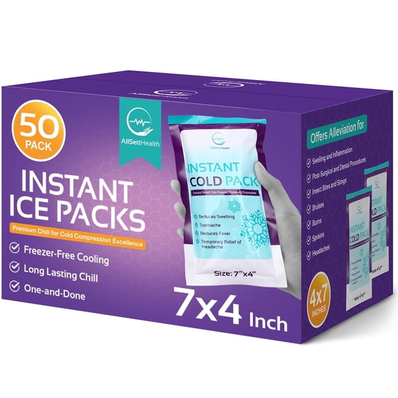 Disposable Instant Ice Packs for Injuries 50 Packs (7 x 4) | Instant Ice Cold Pack - Cold Compress Ice Pack for Pain Relief, First Aid Essential, Swelling, Toothache, Athletes & Outdoor Activities