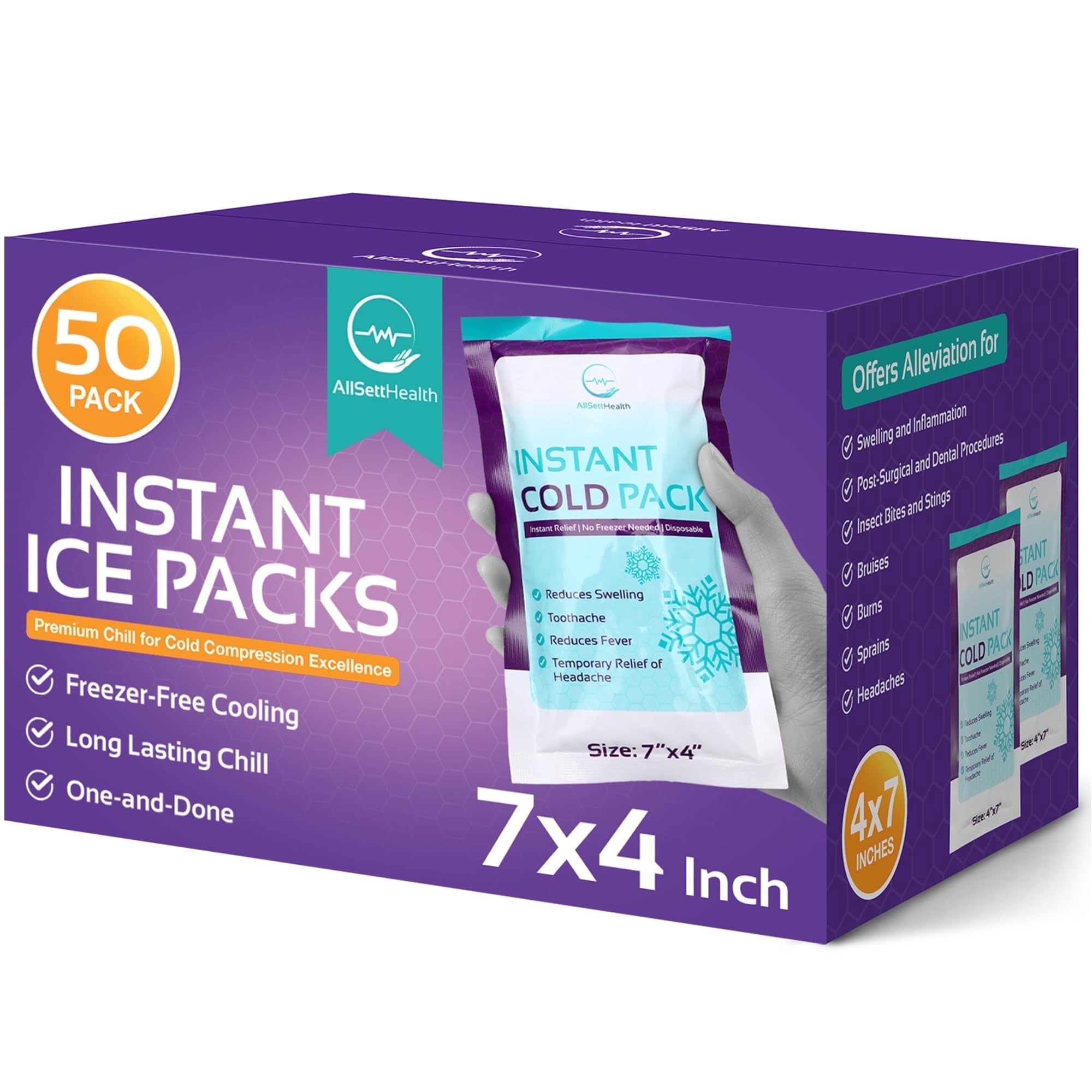 Disposable Instant Ice Packs for Injuries 50 Packs (7” x 4”) | Instant Ice Cold Pack - Cold Compress Ice Pack for Pain Relief, First Aid Essential, Swelling, Toothache, Athletes & Outdoor Activities