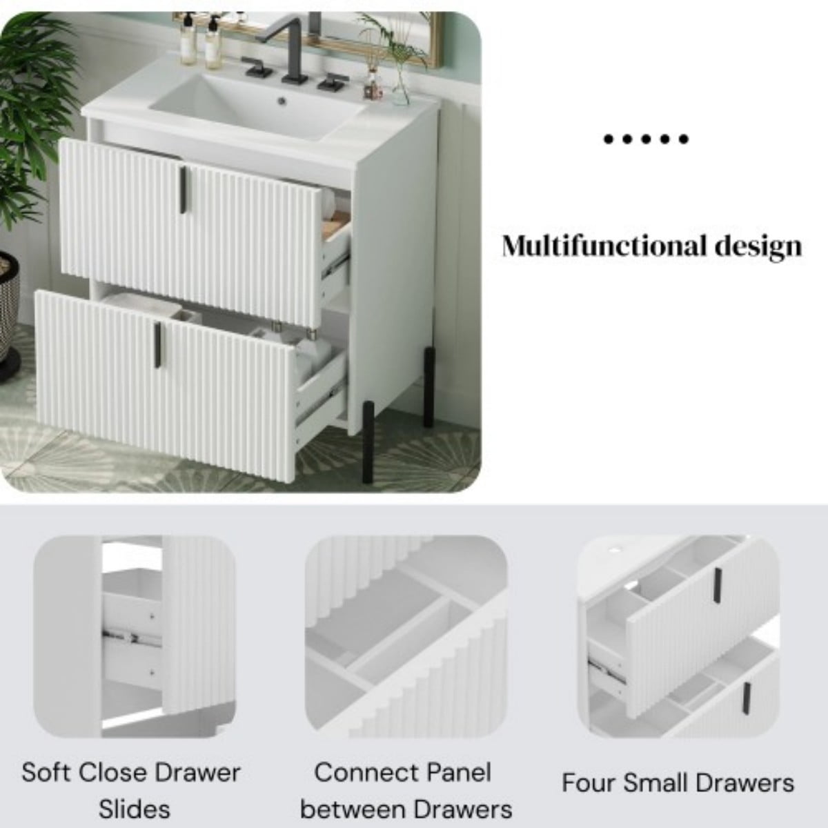 30" Bathroom Vanity with Ceramic Sink, Freestanding Bathroom Cabinet with Full Extension Drawers, Soft Close Slides, Fluted Design, White