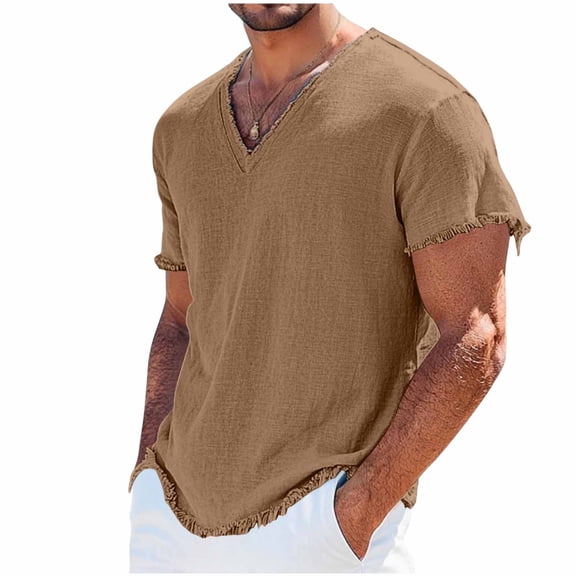 Mens Distressed Linen Shirts Short Sleeve V Neck Tee Shirt Vintage Linen Tops Solid Color Basic T-Shirts Summer Everyday Wear Lightweight Regular Fit Casual Tshirt for Streetwear