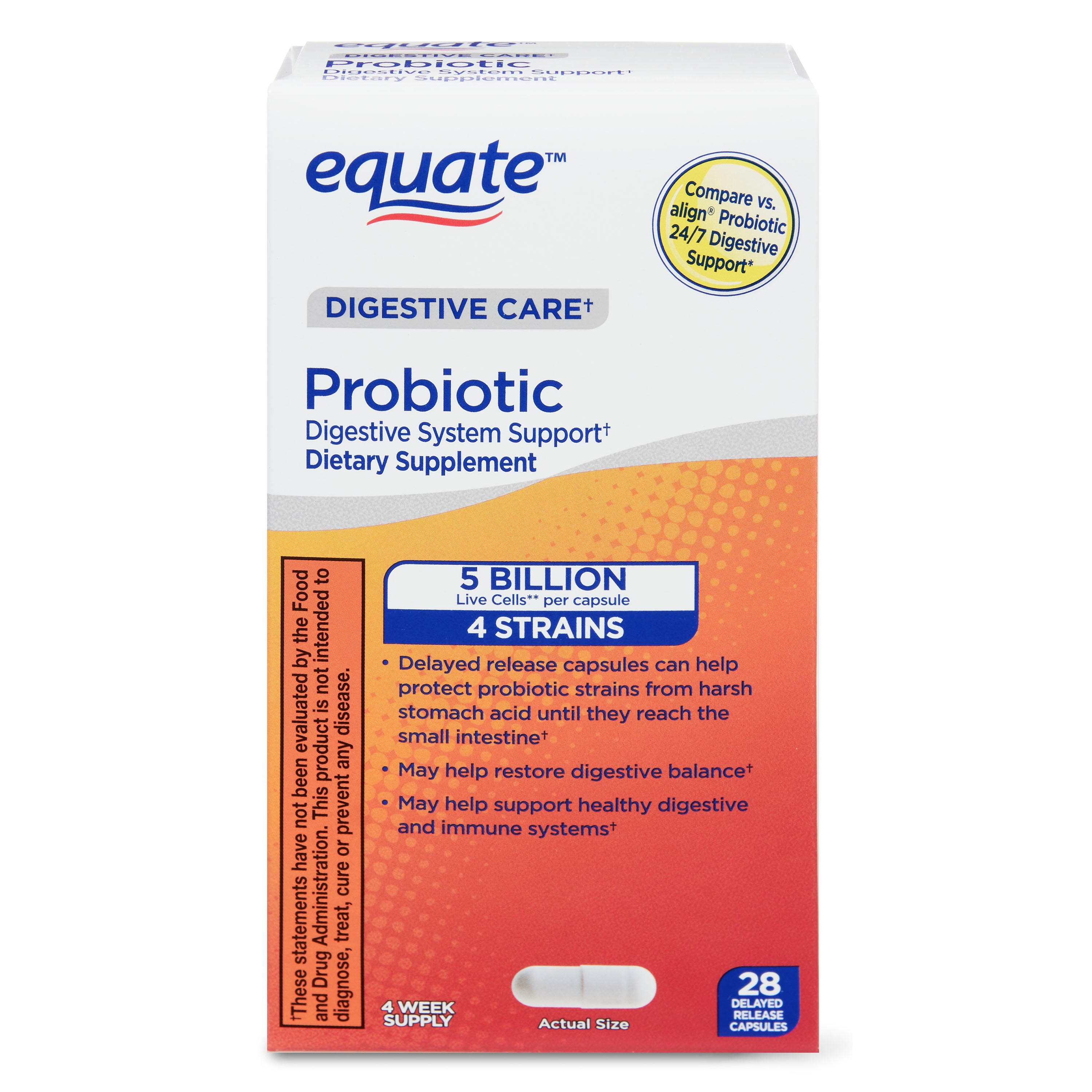 Equate Digestive Care Probiotic Digestive System Support Delayed-Release Capsules, 28 Count