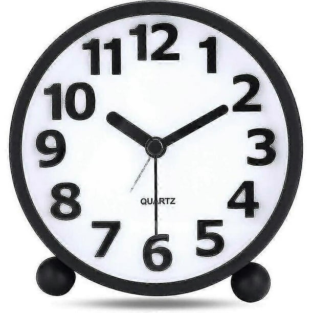 Silent Analog Alarm Clock,Black Metal Large 3D Digits,Non Ticking Table Clock with Night Light Bedside Alarm Clock 10.8cm