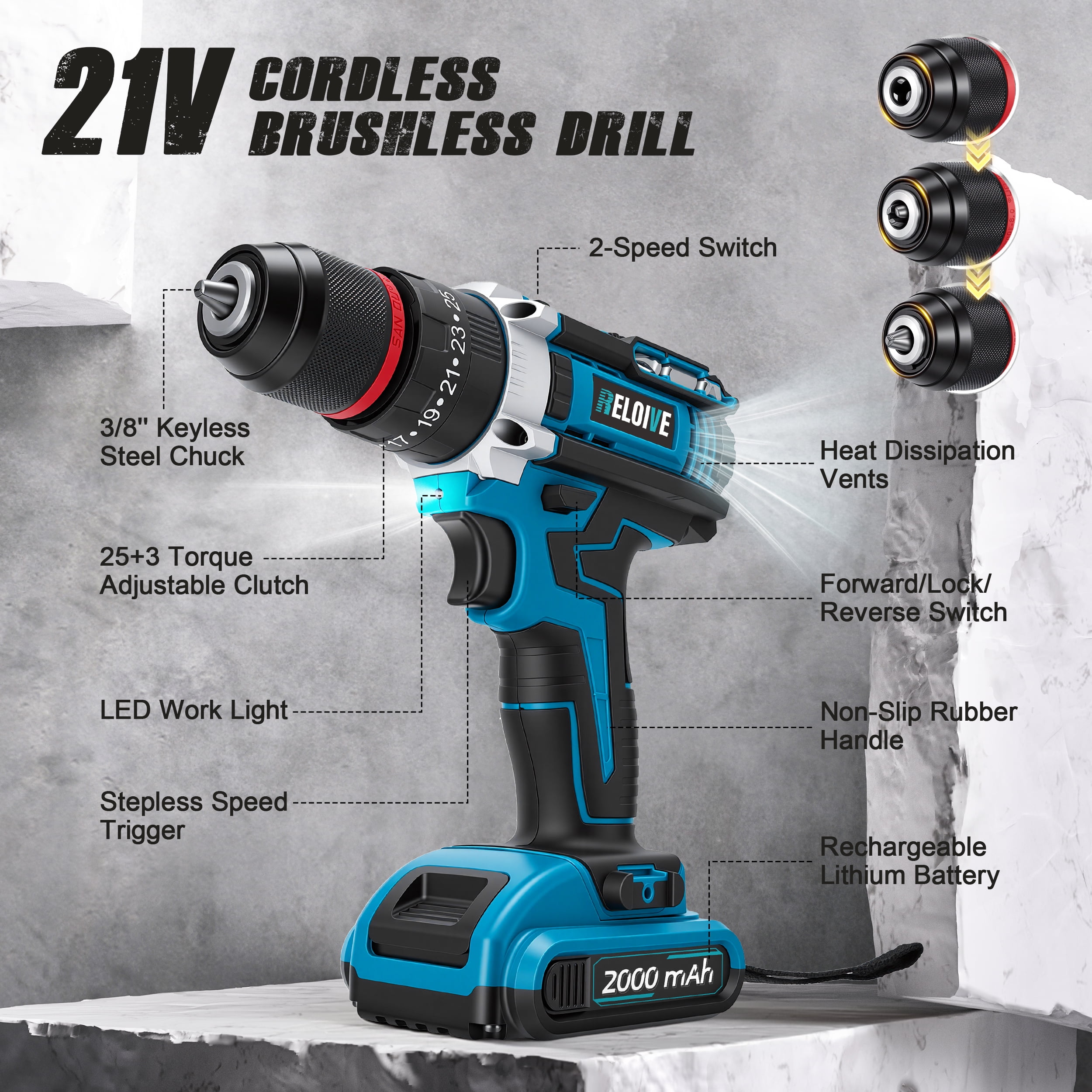 RELOIVE 21V Cordless Drill Driver,Power Drill Set with 2×2000mAh Batteries,4-in-1 Function,45N.m Max Torque,3/8" Keyless Chuck, 25+3 Position