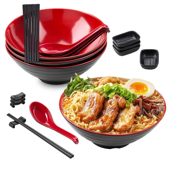 Tazón Para Ramen(sirve 4), Juego Ramen Bowl De 20 Piezas, Vajilla Melamina, Incluye 1.2L Platos Hondos, Palillos, Plato Para Salsa, Cuchara Para Sopa Y Soporte Para Palillos, Vajilla China