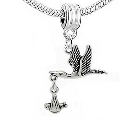 Bead Baby Bracelet - Flying Stork W/dangling Baby Dangle Charm European Bead Compatible for Most European Snake Chain Bracelet