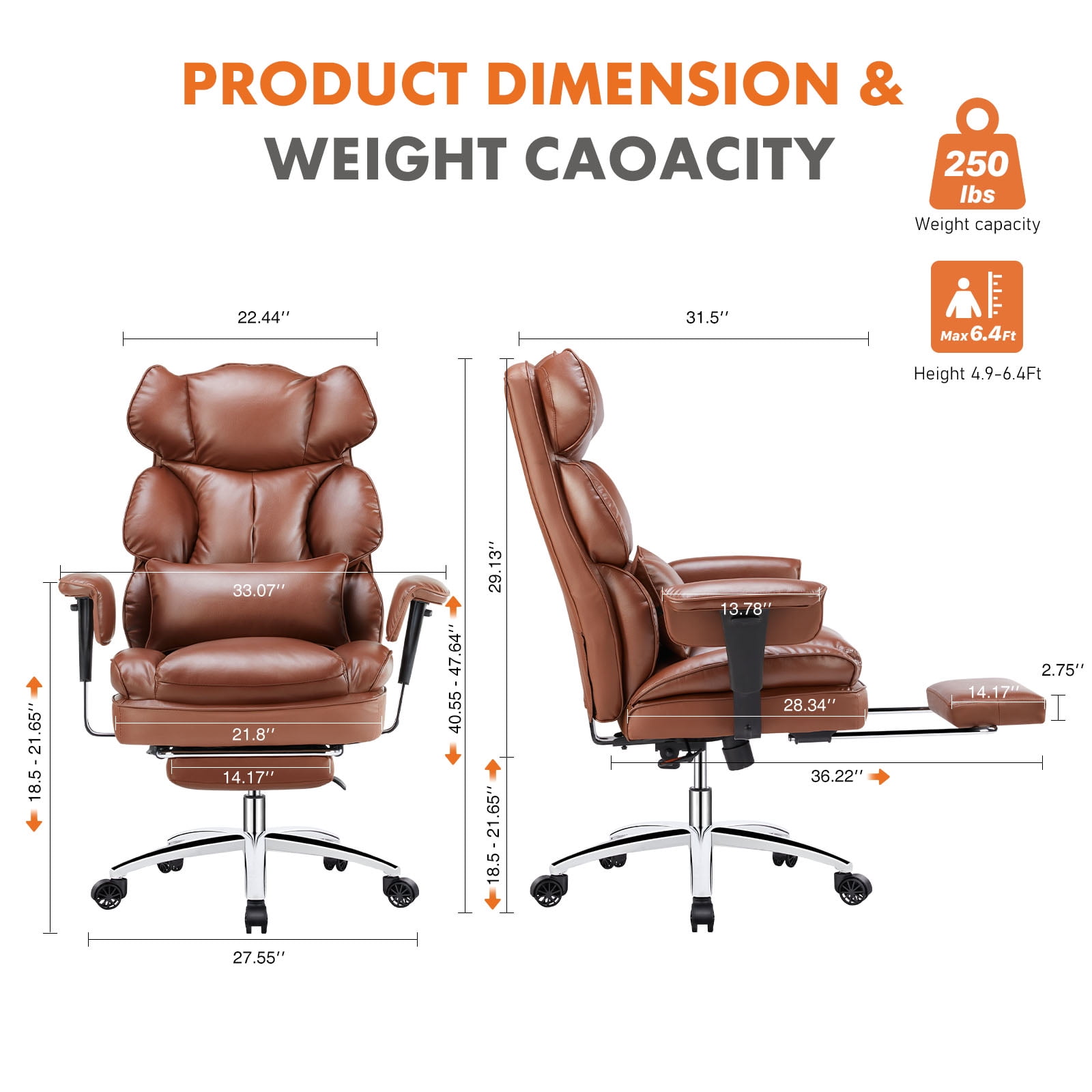 GIANNA Executive Home Office Desk Chair Ergonomic Big Tall High Back with Footrest & Lumbar Support, Reclining Height Adjustable Comfy PU Leather Computer Gaming with Swivel Wheels, Brown