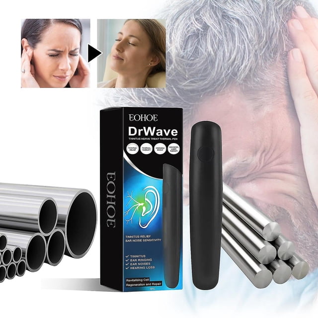 dispositivo de alivio de tinnitus, pluma térmica para tratamiento nervioso de tinnitus, dispositivo de soporte auditivo para el cuidado del oído de tinnitus im pluma terapéutica negra en vista frontal centrada con botón y punta fina; junto a su caja negra y azul y dos piezas metálicas, fondo con persona sujetando la oreja; según especificaciones ofrece terapia térmica controlada (38–40 °C), luz roja e infrarroja y estimulación EMS para manejo del zumbido en los oídos.