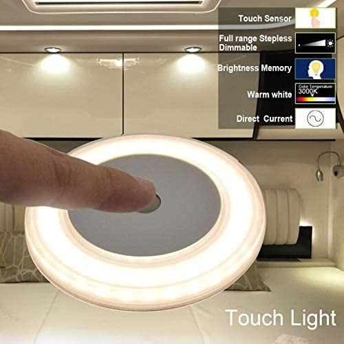 Pack of 4 Dimmer DC 12V 2800K Soft White Memory Light Annular Frosted Lens with Stepless Dimmable Surface Mount 3W RV Boat LED Touch Ceiling Light Hidden Fasteners Design for Boat Camper Ccabinet 