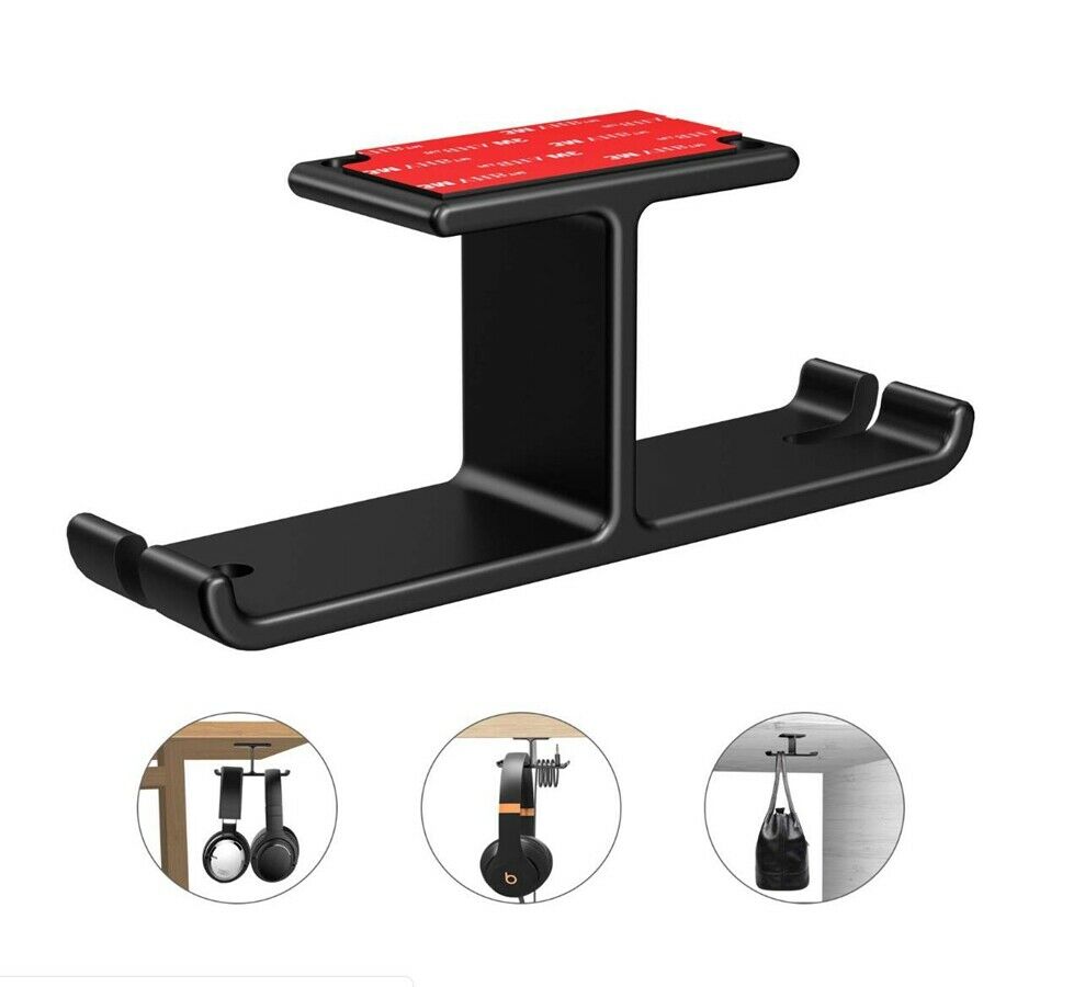 Headphone Headset Stand Holder Under Desk Dual Headsets Hanger Mount Aluminum, StickOn Hooks