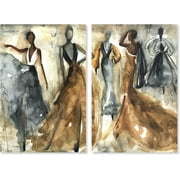 Fashion and Glam 'Dancing Women Two Piece' Runway by Oliver Gal |Brown, Gray 2 Panel Wall Art | Canvas Wall Art | Ready to Hang Home Dcor