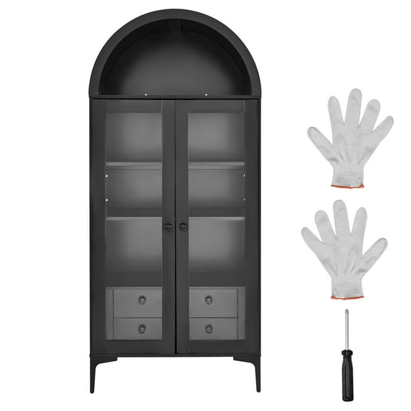 KFFKFF Arched Glass Display Cabinet with Doors, 70-Inch Tall Curio Cabinet, 4-Tier Storage Unit with 2 Adjustable Shelves, Bookcase for Collectibles in Bedroom, Living Room, or Office