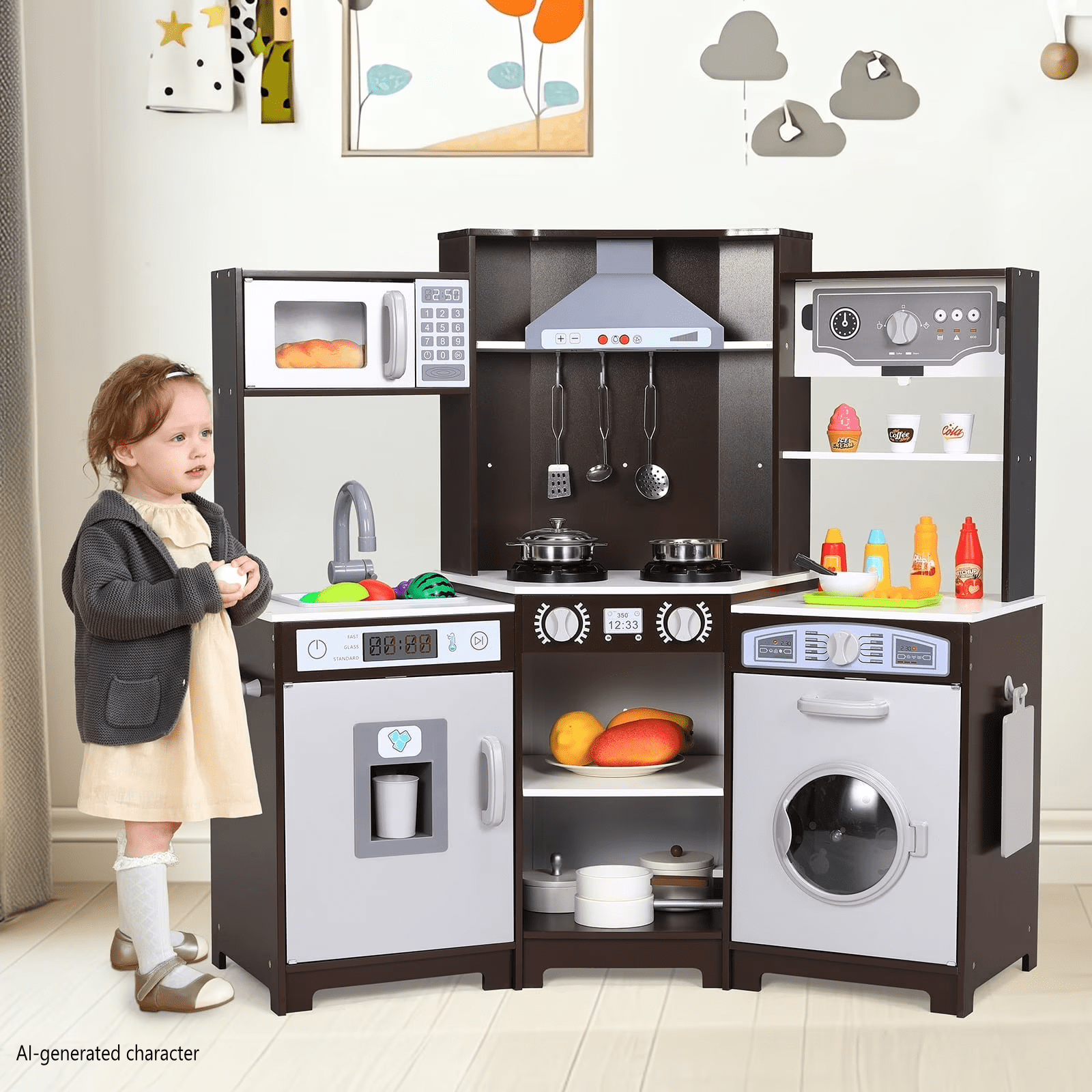 LAZY BUDDY Wooden Kids Corner Play Kitchen, Toodler Kitchen Playset Pretend Cooking Toy with 9 Accessories