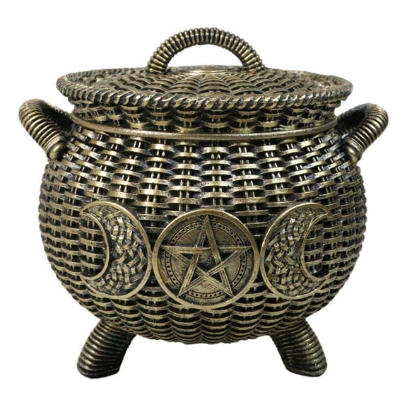 Wiccan Triple Moon Cauldron Pot In Wicker Finish Decorative Trinket Crystals Box