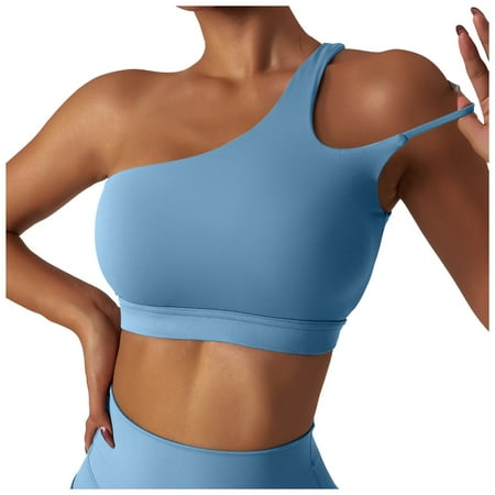 BYHONG Backless Sports Bra Women s One Shoulder Sexy Padded Bustier Push Up Gym Tops Straps Yoga Bra Workout Bra Fitness Bralette Light Blue S