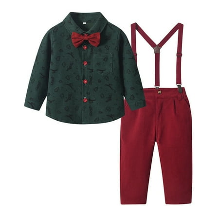 

CONYUMN Christmas Toddler Suit Baby Boys Gentleman Clothes Sets Bow Ties Long Sleeve Shirts + Suspenders Pants Outfits Boys Christmas 2 Piece Sets Deals (B 130)
