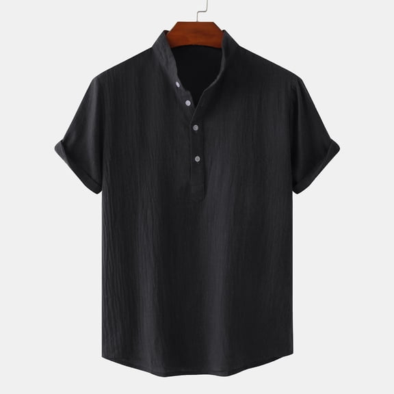 ZVNAΖH Mens Cotton and Linen Shirts Summer Casual Short Sleeve Shirts Button Stand Up Collar Shirts Beach Vacation Shirts