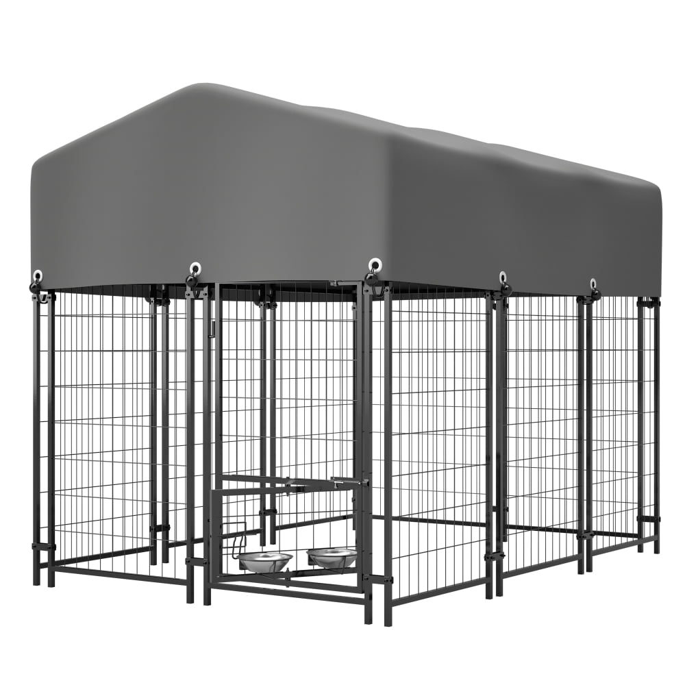 4.23'x5.82'x4.83'  Outdoor Dog Crate with Rotating Feeder & Roof - Heavy Duty Welded Wire, Waterproof Cover for Medium/Large Breeds