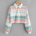 thumbnail image 2 of XFLWAM Women Teen Girls Fashion Turn-Down Collar Crop Top Sweatshirt Long Sleeve Color Block Pullover Shirts Pink S, 2 of 6