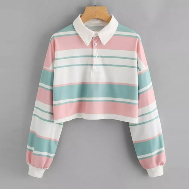 Puntoco - Sudadera con capucha de manga larga con botón de rayas de color para mujer Puntoco Puntoco-4284