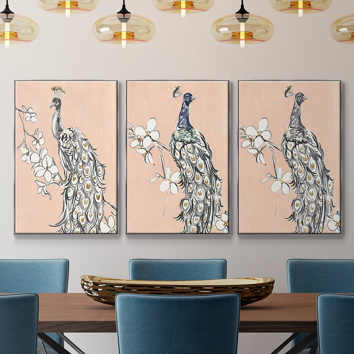 Peacock in Gold I - Framed Premium Gallery Wrapped Canvas L Frame 3 Piece Set - Ready to Hang